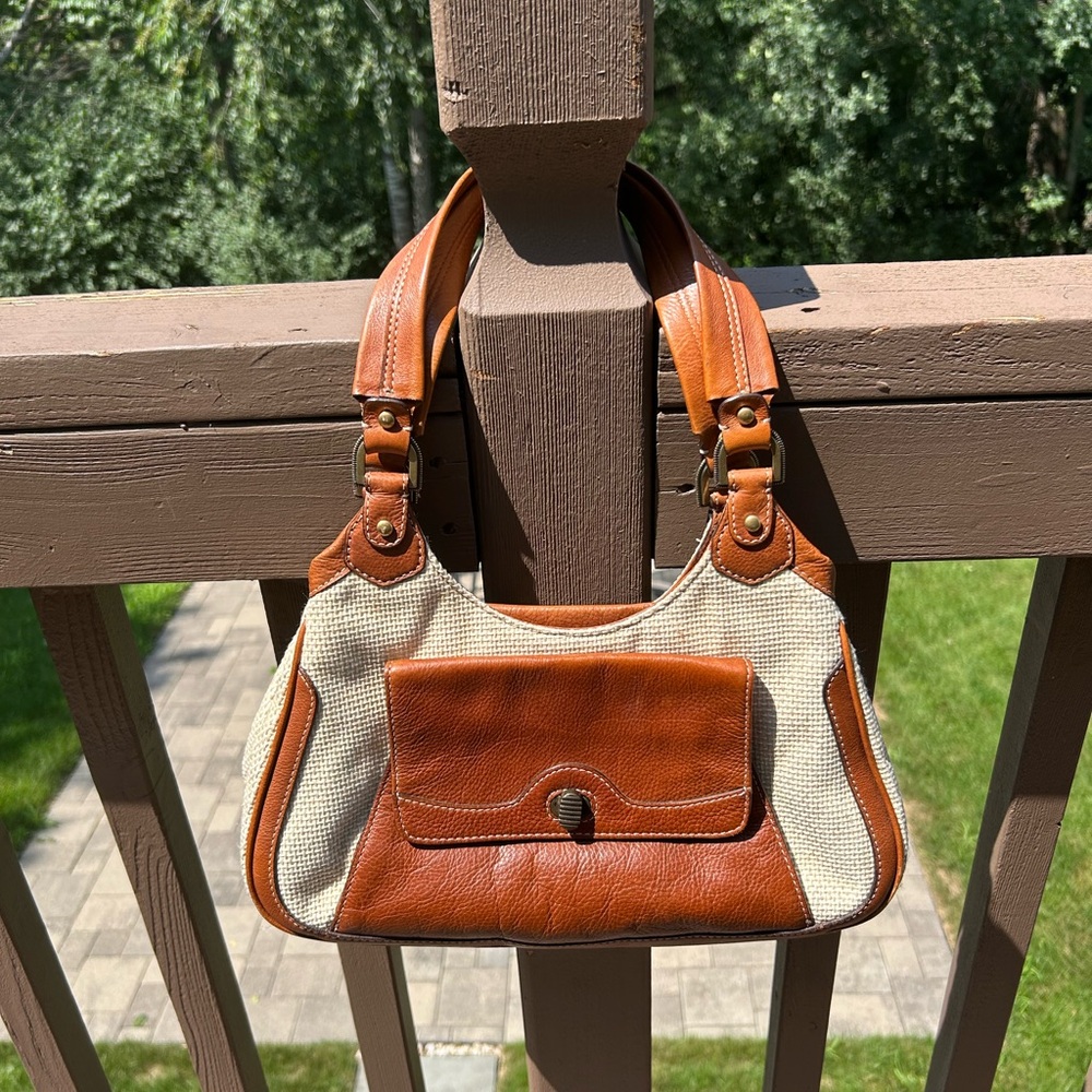 Cole Haan Paige Straw & Brown Leather Triple Zipper Shoulder Bag